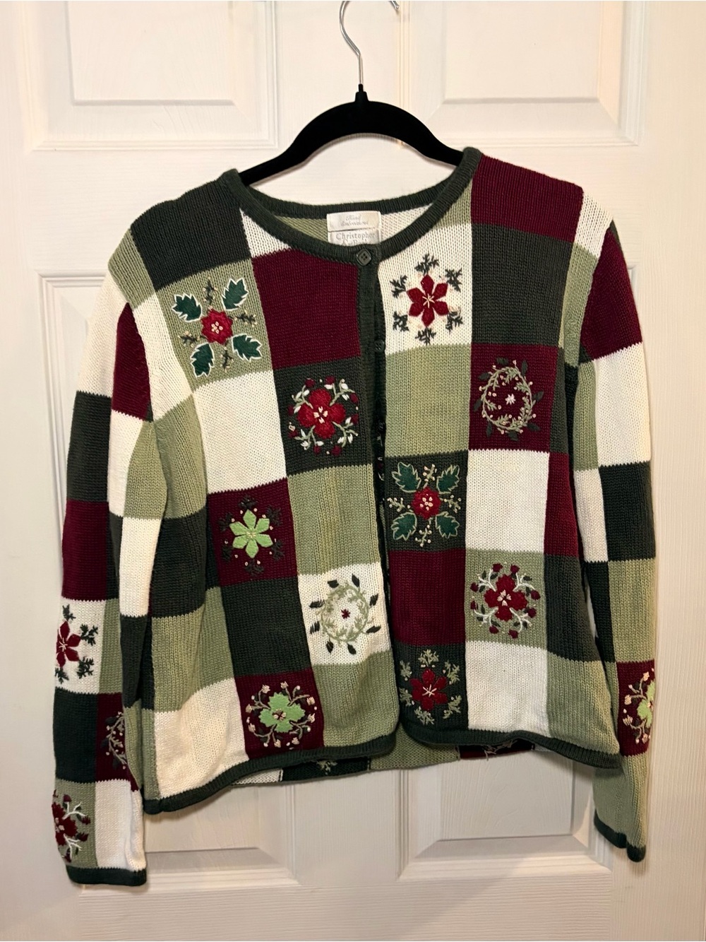 Patchwork Holiday Embroidered Cardigan Sweater - Green/Red/Cream